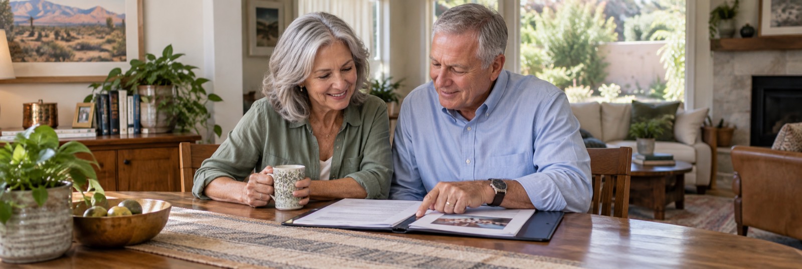 Homeowners reviewing a plan together at their kitchen table