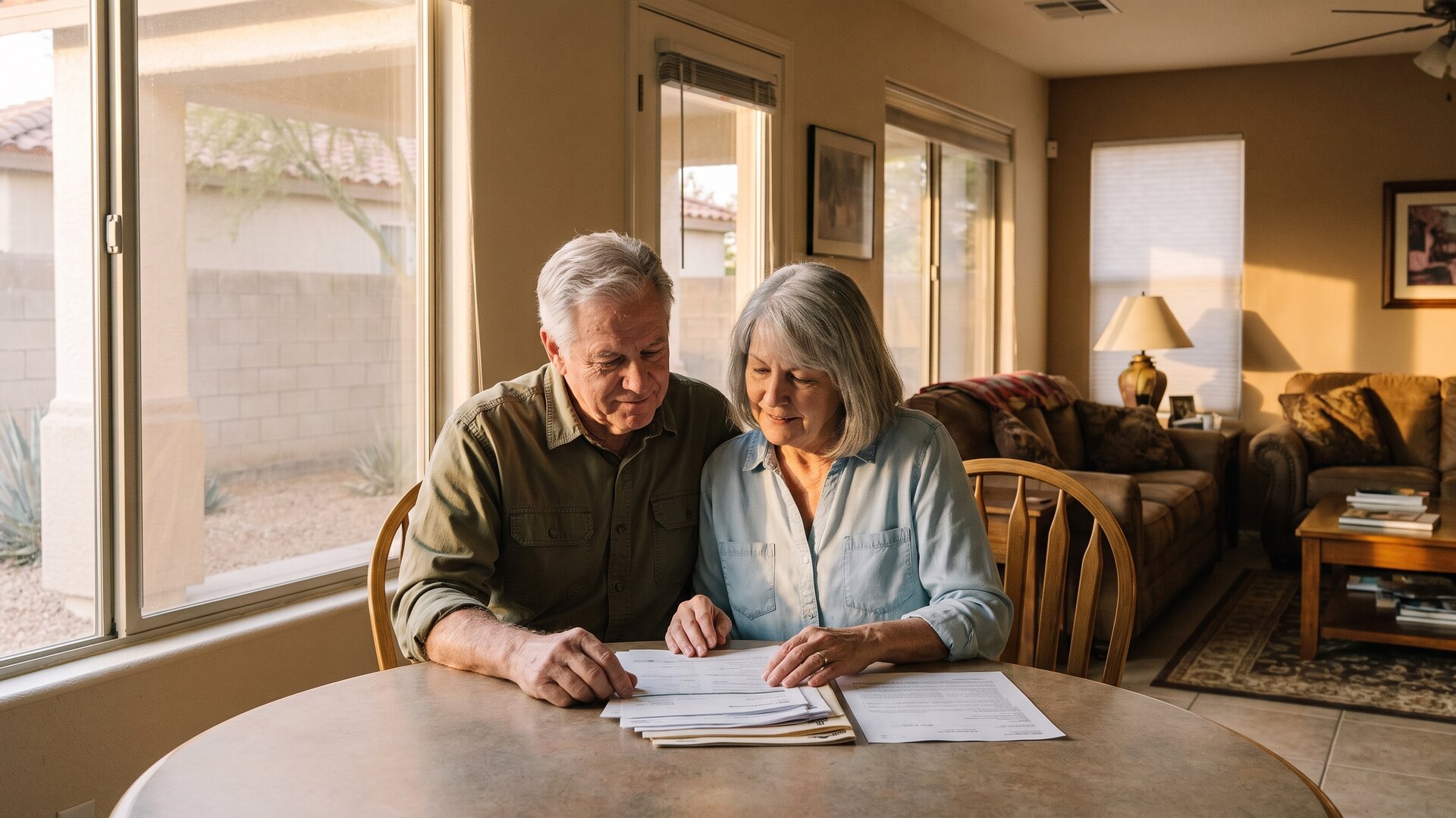 An older couple at home looking over papers together