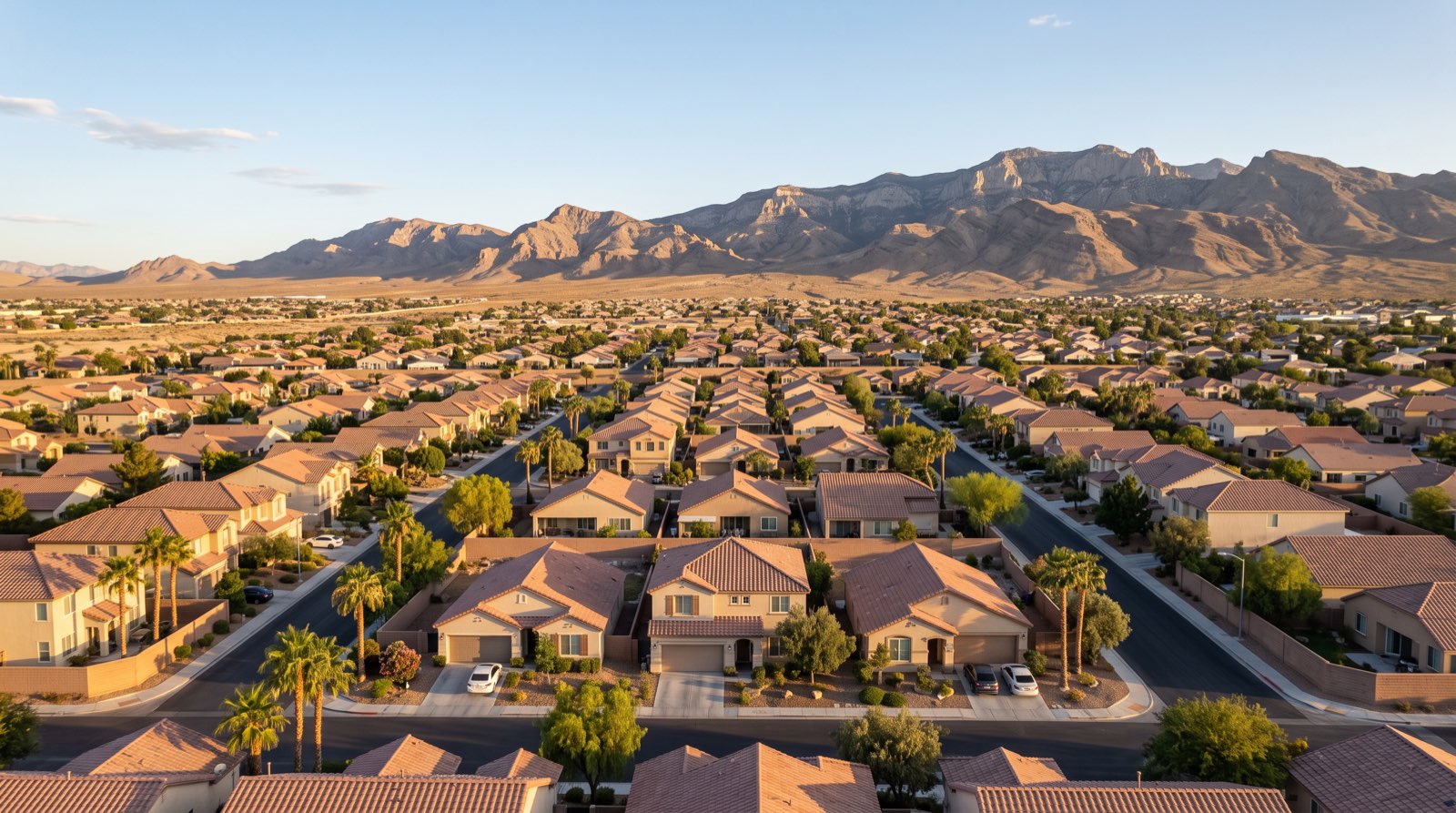 An established Las Vegas neighborhood in late afternoon light with the mountains behind